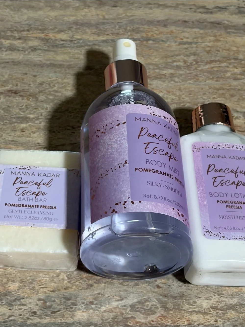 Manna Kadar Peaceful Escape Retired Pomegranate Freesia Lotion, Mist & Bar Soap